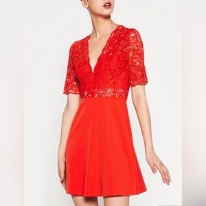 ZARA Spring Lace V-Neck Open Back Skater Dress in Orange/Red - Size L
